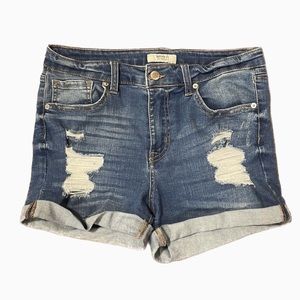 Forever 21 Jean Shorts High Rise Distressed Rolled Hem Stretchy Blue US 29